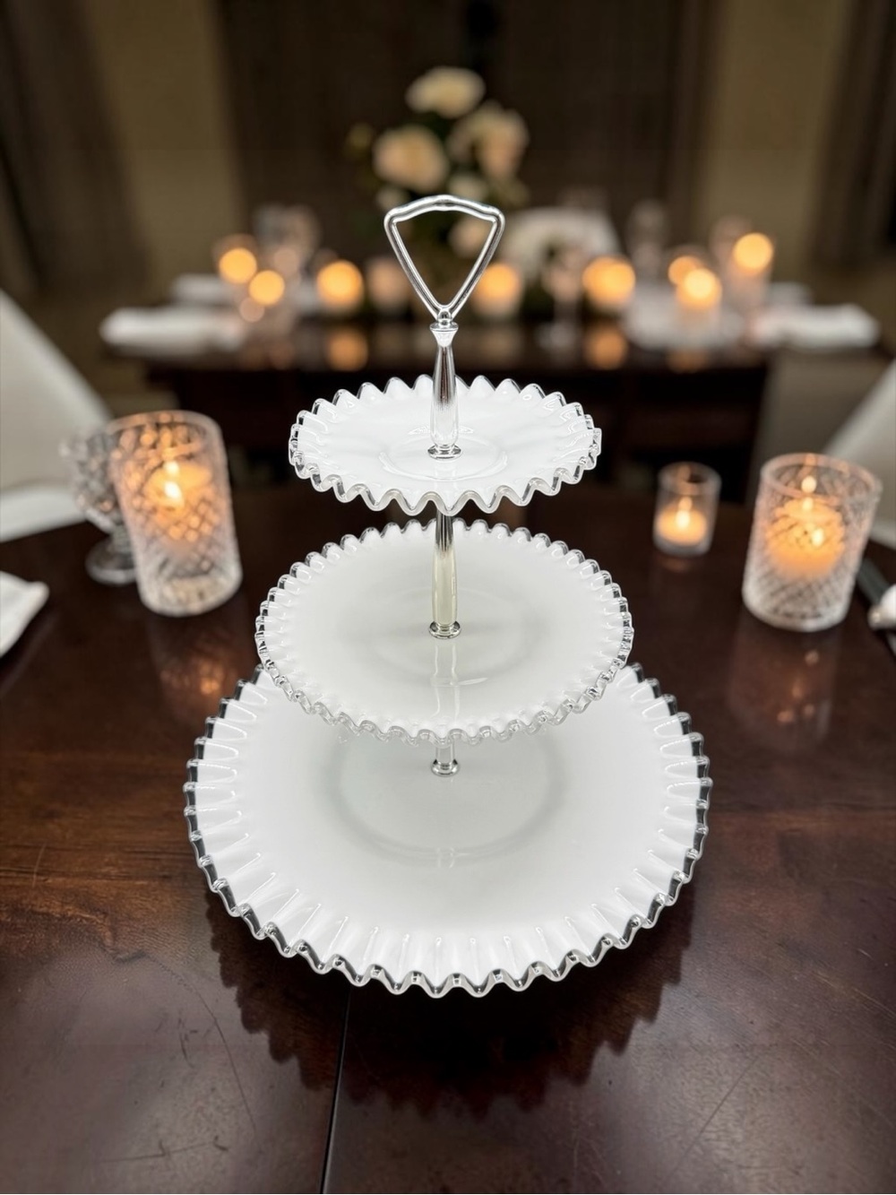 Fenton Silver Crest Three Tier Ruffled Milk Glass Tidbit Serving Tray Party Vtg